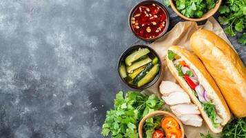 Top view Vietnamese sandwich, banh mi on a dark table with veggies, and chili, copy space for menu use photo
