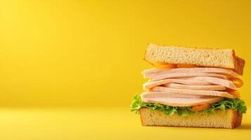 Turkey sandwich with lettuce on yellow background, used as a product image for sale on a website photo