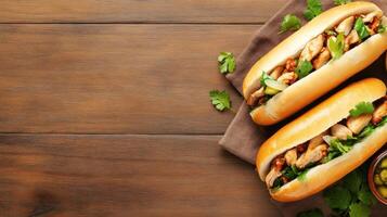Two chicken subs with parsley on wood background for a restaurant menu or recipe blog photo