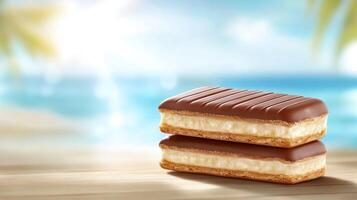 Two cream biscuits with chocolate glaze on a wooden table with blurred beach background photo