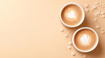 Two cups of coffee with latte art on a smooth background, for a cafe menu or food blog photo