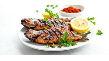 Two grilled fish served on a white plate with lemon and parsley, with spices in the background photo