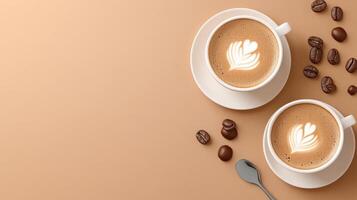 Two cups of Latte art viewed from above with coffee beans in the background, for beverage industry photo