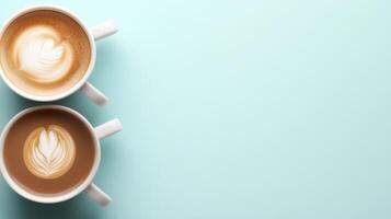 Two lattes with latte art on a light blue table, for breakfast, break, or a cafe menu photo