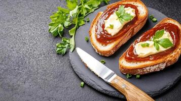 Two pieces of bread are topped with butter, with some herbs next to the knife on the board photo