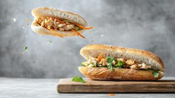 Two sandwiches with meat and vegetables floating in the air above a cutting board on gray photo
