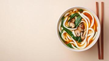 Udon noodle soup with greens and mushrooms. Chopsticks on background. Food photography photo