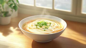 Udon noodle soup topped with scallions steaming by a sunny window, indoors for a meal photo
