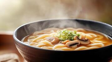 Udon soup steams in bowl on table, outside. Ready to eat. Background is bright, blurred photo