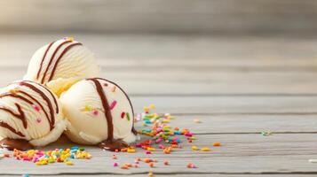 Vanilla ice cream scoops with chocolate drizzle and sprinkles on rustic wood surface, bright backdrop photo