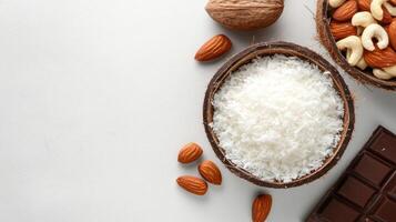 Various nuts in shells and coconut flakes on a white surface, used to make sweet desserts photo
