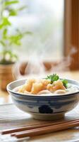 Udon with grated radish, garnished in a serene kitchen setting. Food blog photo