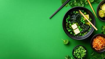 Vegetarian soup with tofu, seaweed, and peas on green background. Possible food photography usage photo