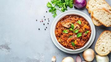 Vegetarian stew with mushrooms, tomatoes and fresh herbs. Bread slices on a gray background photo