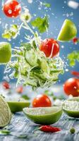 Veggie salad with tomatoes, herbs and cucumbers falling in air on wooden table. Food blog image photo