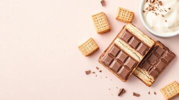 Waffle snack with cream and chocolate topping served on pink for a menu or advertisement photo