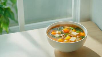 Warm miso soup with tofu and vegetables by a window with a green plant as the background photo