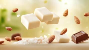 White candy with almond bits on a table, with blurred plants in the background for sweets ads photo