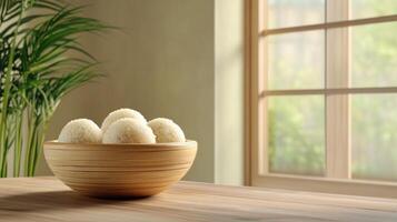 White dessert balls in a bowl on a table indoors near a window, possible promotion material photo