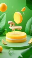 Yellow dessert presentation with floating garnish on a green background, suitable for advertising photo