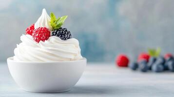 Yogurt with berries in a bowl. Dessert presentation in studio background. For sweet healthy diet photo