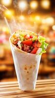 Wrap with meat and vegetables on wooden surface in restaurant with people blurred background photo