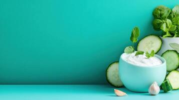 Yogurt dip with cucumber and mint on colored background. Food blog, fresh salad content photo
