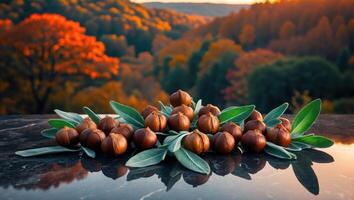 Chestnuts with Green Leaf Arrangement on Shiny Tabletop in Autumn Setting photo
