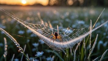 Spider on Web in Field at Sunrise with Dew Drops photo