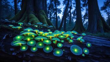 Glowing Mushrooms Growing on Log in Dark Forest at Night photo