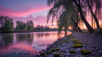 River Scene with Trees and Pink Sky Reflection at Dusk photo