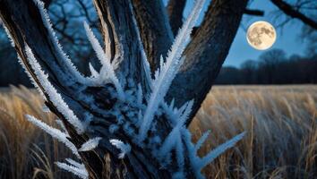 Icy Tree Bark Texture and Moonlit Grass Field at Dusk photo