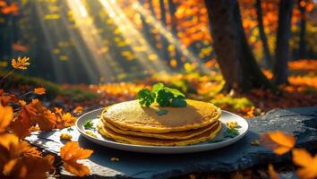 Stack of Pancakes with Herbs in Autumn Forest Sunlight Setting photo