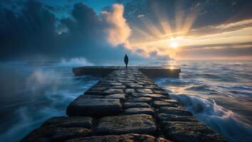 Walking Stone Pier at Ocean Sunrise with Dramatic Cloudscape photo
