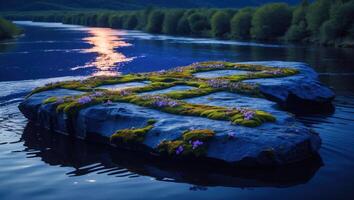 Moss and Flowers Covered Stone in River Reflecting Evening Light photo