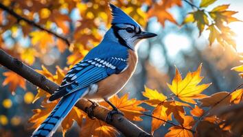 Blue Jay Perched on Branch Among Colorful Autumn Leaves and Sunlight photo