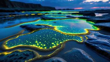 Glowing Beach Pools Reflecting Twilight Sky at Rocky Shoreline photo