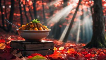 Bowl of Autumn Harvest Lentil Dish in Forest Setting with Sunlight photo