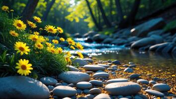 Yellow Wildflowers by River Stream with Rocks and Lush Green Trees photo
