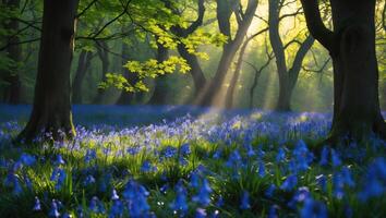 Exploring Bluebell Flowers Blooming in Forest with Sunlight Beams photo