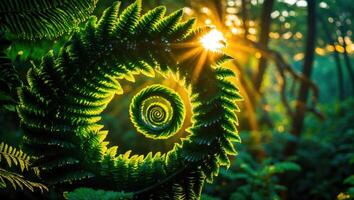 Fern Frond Unfurling in Forest with Sunlight Bursting Through Trees photo