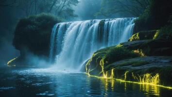 Cascading Waterfall Splashing Into Pool Surrounded by Lush Greenery photo