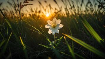 White Flower Glowing in Golden Sunlight Among Tall Grass photo