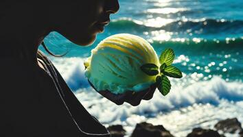 Woman Holding Ice Cream at Ocean Enjoying Seaside Refreshment photo