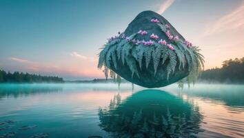 Floating Rock Island on Misty Lake with Ferns and Flowers photo