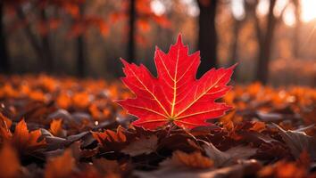 Vibrant Red Maple Leaf Resting on Fallen Leaves in Autumn photo