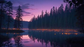 Reflective Lake Scenery at Dusk with Forest and Atmospheric Lighting photo