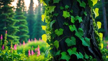 Vine Climbing Tree Trunk in Lush Green Forest Scene with Flowers photo