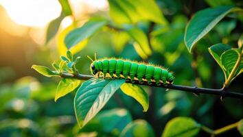 Green Caterpillar Crawling on a Branch in the Sunlight Nature photo