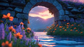 Stone Archway with Flowers Overlooking Tranquil Lake and Distant Mountains photo